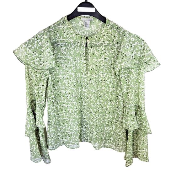 H&M Shirt Blouse Womens 6 Green Ruffle Sleeve Abstract Print Spring Keyhole - Picture 1 of 8